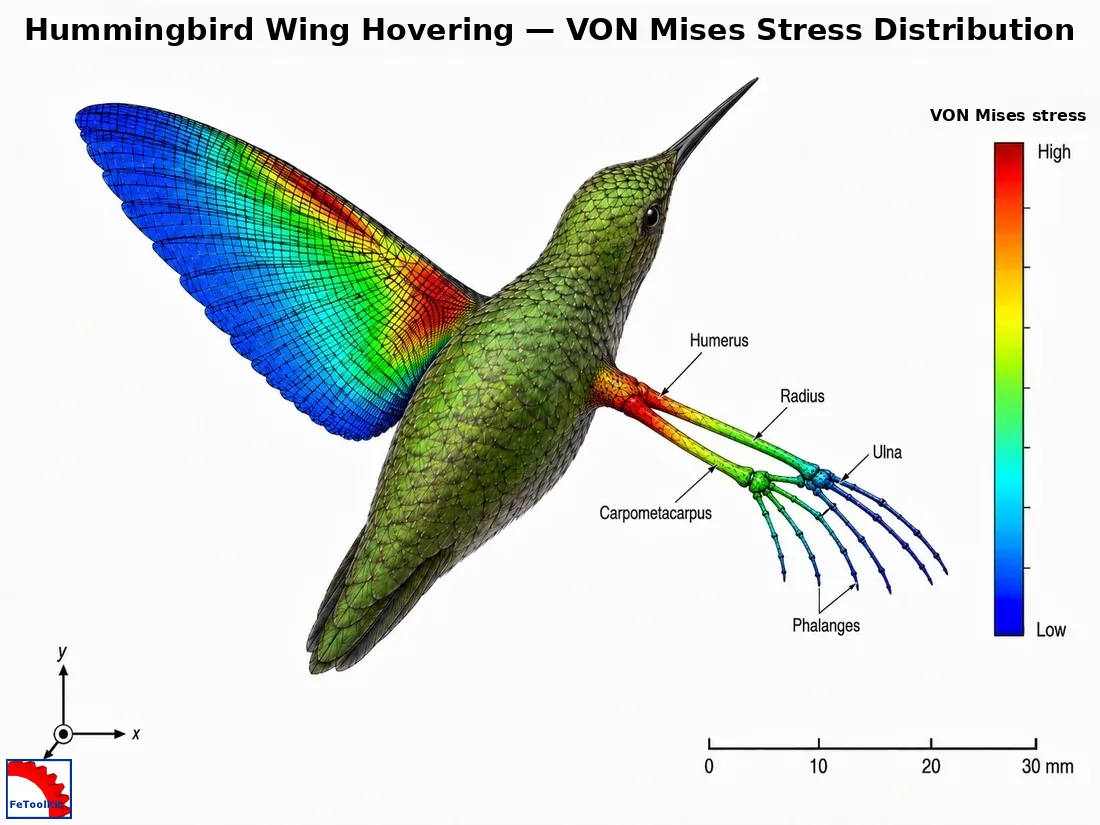 VON Mises stress visualization of a hummingbird wing showing finite element stress contours and exposed right-hand wing bones.