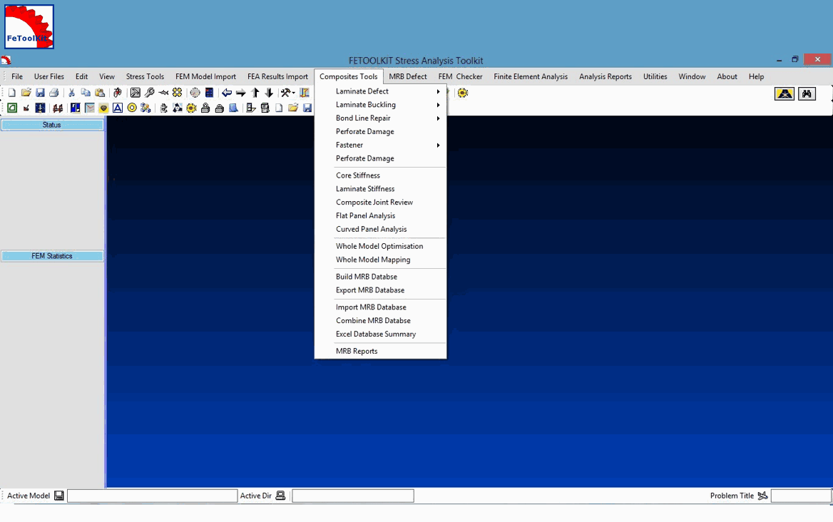 FeToolKit screen showing the Bond Line Repair submenu under Composites Tools, with scarf repair, partial scarf repair, doubler, borat, mesh stiffness, and joint stiffness options.