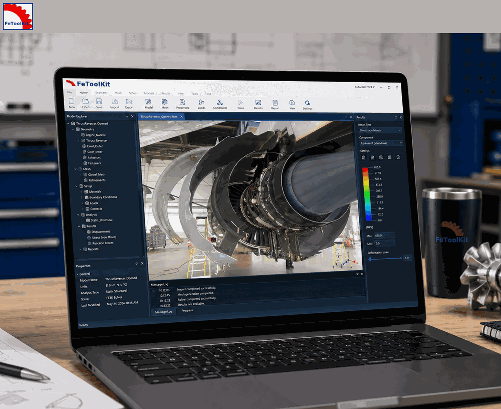FeToolKit Stress Analysis Toolkit screen with the Composites Tools menu open, showing laminate defect, buckling, bond line repair, perforate damage, fastener, panel analysis, and MRB options.