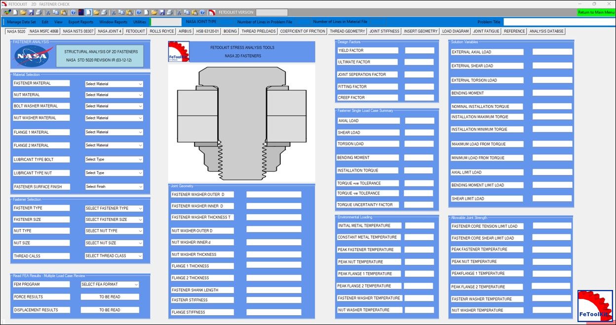 FeToolKit 2D Fastener Check page showing a NASA-based fastener analysis form with material selection, geometry, design factors, loading variables, and allowable joint strength sections.