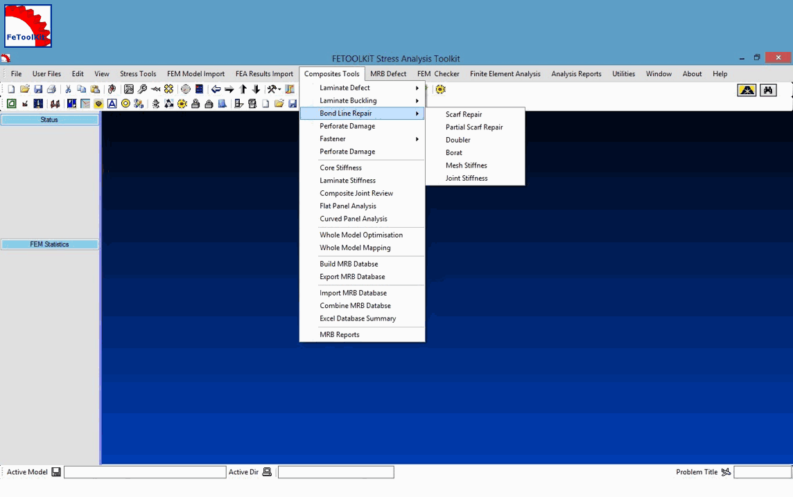 FeToolKit menu showing Stress Analysis Tools with options such as section analysis, fasteners analysis, buckling analysis, contact, loading, fatigue, damage tolerance, lugs, tension fittings and clips, and other user tools.